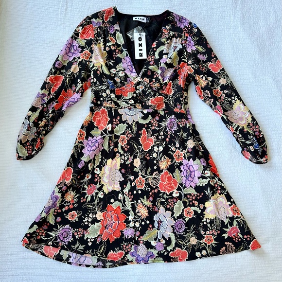 Rixo NWT Black Floral Long Sleeve Mini Dress 2 XXS Buttons Sold out Boho - Picture 6 of 16